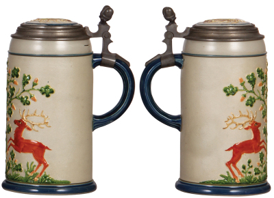 Two Mettlach steins, 1.0L, 1809, & 1.0L, 2033, decorated relief, inlaid lids, both mint. - 3