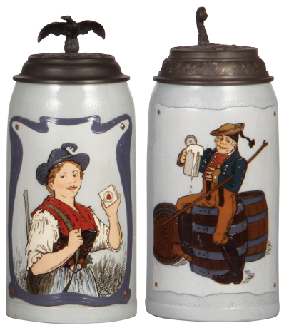 Two Mettlach steins, 1.0L, 2823, etched, tapestry, pewter lid, mint; with, 1.0L, 2966, etched, tapestry, pewter lid, mint.