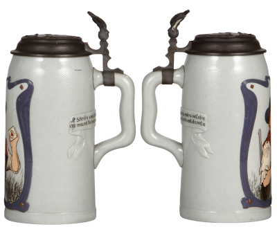 Two Mettlach steins, 1.0L, 2823, etched, tapestry, pewter lid, mint; with, 1.0L, 2966, etched, tapestry, pewter lid, mint. - 2