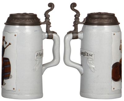 Two Mettlach steins, 1.0L, 2823, etched, tapestry, pewter lid, mint; with, 1.0L, 2966, etched, tapestry, pewter lid, mint. - 3