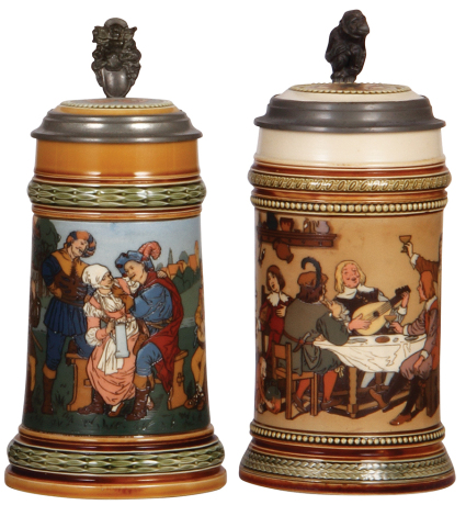 Two Mettlach steins, .5L, 2501, & .5L, 2532, etched, inlaid lids, both mint.