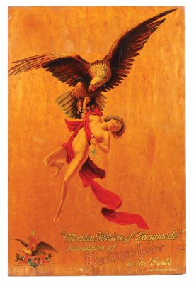 Anheuser-Busch lithograph on wood, 30.2" x 20.0", Modern Version of Ganymede, Introduction of Budweiser to the Gods, marked: Palm Fechteler & Co., New York & Chicago, minor blemishes at bottom of lithograph, very good condition.