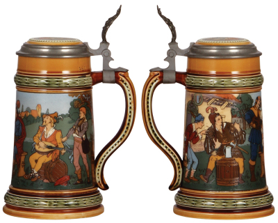 Two Mettlach steins, .5L, 2501, & .5L, 2532, etched, inlaid lids, both mint. - 2