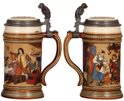 Two Mettlach steins, .5L, 2501, & .5L, 2532, etched, inlaid lids, both mint. - 3