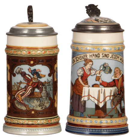 Two Mettlach steins, .5L, 1796, etched, inlaid lid, mint; with, .5L, 2640, etched, inlaid lid, mint.