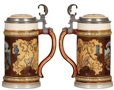 Two Mettlach steins, .5L, 1796, etched, inlaid lid, mint; with, .5L, 2640, etched, inlaid lid, mint. - 2