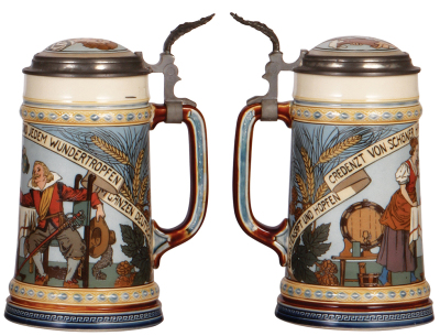 Two Mettlach steins, .5L, 1796, etched, inlaid lid, mint; with, .5L, 2640, etched, inlaid lid, mint. - 3