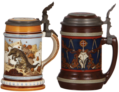 Two Mettlach steins, .5L, 1132, etched, inlaid lid, mint; with, .5L, 2813, etched, inlaid lid, mint.