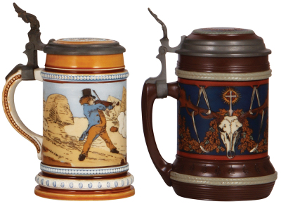 Two Mettlach steins, .5L, 1132, etched, inlaid lid, mint; with, .5L, 2813, etched, inlaid lid, mint. - 2