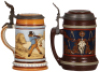 Two Mettlach steins, .5L, 1132, etched, inlaid lid, mint; with,&nbsp;.5L, 2813, etched, inlaid lid, mint. - 2