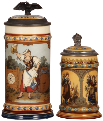 Two Mettlach steins, .5L, 2235, etched, inlaid lid, mint; with, .25L, 1972, etched, inlaid lid, mint.