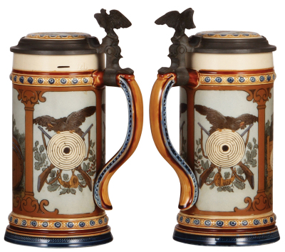 Two Mettlach steins, .5L, 2235, etched, inlaid lid, mint; with, .25L, 1972, etched, inlaid lid, mint. - 2