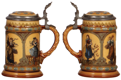 Two Mettlach steins, .5L, 2235, etched, inlaid lid, mint; with, .25L, 1972, etched, inlaid lid, mint. - 3