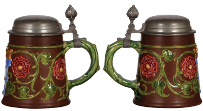 Two Mettlach steins, .3L, 2016, decorated relief, pewter lid, mint; with, .25L, 171, relief, inlaid lid, mint. - 2