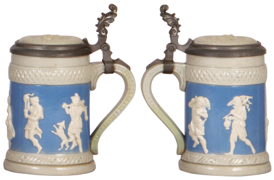 Two Mettlach steins, .3L, 2016, decorated relief, pewter lid, mint; with, .25L, 171, relief, inlaid lid, mint. - 3