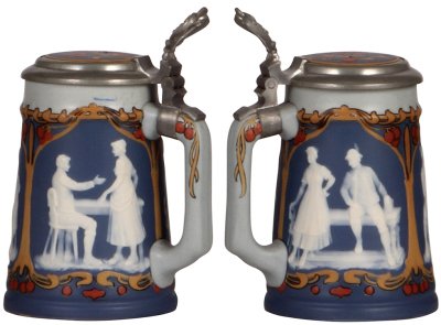 Two Mettlach steins, .3L, 2714 & .3L, 2715, cameo, by Stahl, inlaid lids, both mint. - 2