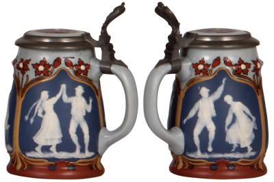 Two Mettlach steins, .3L, 2714 & .3L, 2715, cameo, by Stahl, inlaid lids, both mint. - 3