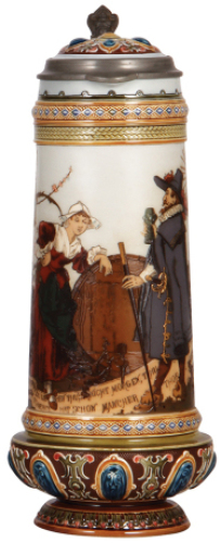 Mettlach stein, 2.4L, 14.7" ht., 2065, etched, by H. Schlitt, inlaid lid, very good repair to top rim chip.&nbsp;