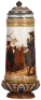 Mettlach stein, 2.4L, 14.7" ht., 2065, etched, by H. Schlitt, inlaid lid, very good repair to top rim chip.&nbsp;