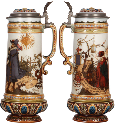 Mettlach stein, 2.4L, 14.7" ht., 2065, etched, by H. Schlitt, inlaid lid, very good repair to top rim chip.  - 2