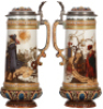 Mettlach stein, 2.4L, 14.7" ht., 2065, etched, by H. Schlitt, inlaid lid, very good repair to top rim chip.&nbsp; - 2