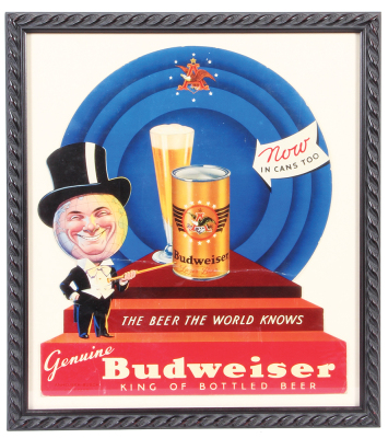 Anheuser-Busch lithograph on paper, 16.5" x 14.5", framed 19.5" x 17.6", Genuine Budweiser Now In Cans Too, marked: S.A. No. 5 Union Lip. & Ba. Label, St. Louis, contemporary frame, fold & crease, otherwise good condition. 