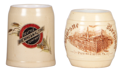 Two pottery mugs, 3.9'' to 4.2'' ht., transfer & hand-painted, Seattle Brewing & Malting Company; with, Duquesne Brewing Co., Pittsburgh, PA., both good condition.