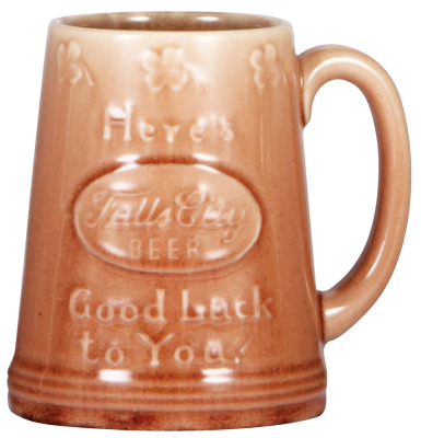 Pottery stein, .5L, relief, marked: Rookwood Potteries, Cincinnati, Ohio, 1948, Here's Good Luck to You! Falls City Beer, crazing, otherwise mint.