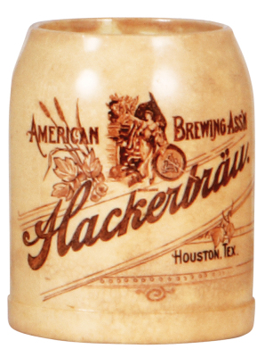 Pottery mug, .3L, transfer print, American Brewing Ass'n Hackerbräu, Houston, Tex., discoloration, two hairlines.