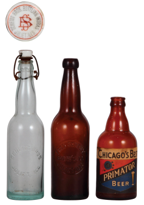 Three glass bottles, 7.0'' to 10.0'' ht., clear Scheidt Bros. Joliet, IL., Bottling Works on cap; with, brown, Fred Sehring Brewing Co. Joliet, IL; with, brown, paper label, Chicago's Best, Primator Beer, good condition.