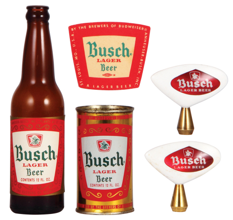 Five Anheuser-Busch items, 3.1" to 9.6" ht., Busch Lager Beer, bottle, can, top of can is open, coaster, two tap knobs, very good used condition.