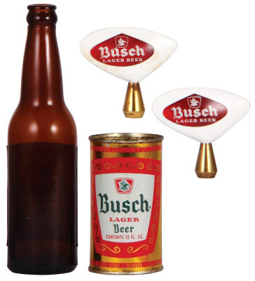 Five Anheuser-Busch items, 3.1" to 9.6" ht., Busch Lager Beer, bottle, can, top of can is open, coaster, two tap knobs, very good used condition. - 2
