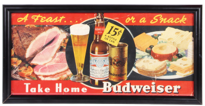 Anheuser-Busch lithograph on board, framed 12.9" x 25.8", A Feast or a Snack Take Home Budweiser, marked: Trade Mark Reg. U.S. Pat. Off., Litho U.S. Pat. Off., Litho USA, frame is contemporary, lithograph has tears & folds.