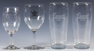 Four beer glasses, 6.0'' to 6.5'' ht., etched, American Pilsner Exquisite; with, A & Eagle, printed Michelob A & Eagle; with, two etched Faust Beer, all excellent condition.