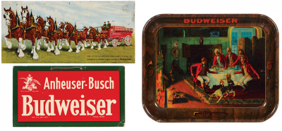 Three Anheuser-Busch items, 10.9" x 6.0" to 13.2" x 10.5", cardboard paper sign, Anheuser-Busch Budweiser; metal sign, Clydesdales Horses, Budweiser; tray, metal, Budweiser, all three items have signs of use around edges.