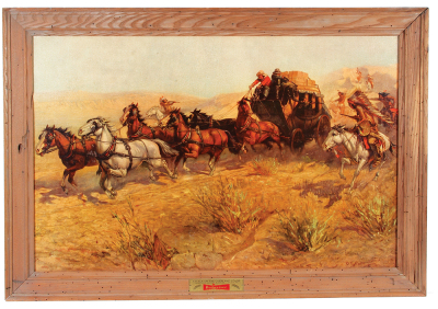 Anheuser-Busch lithograph on paper, framed 29.2" x 42.5", Attack on the Overland Stage, signed O.E. Berninghaus, frame with vintage design including flaws, very good condition.