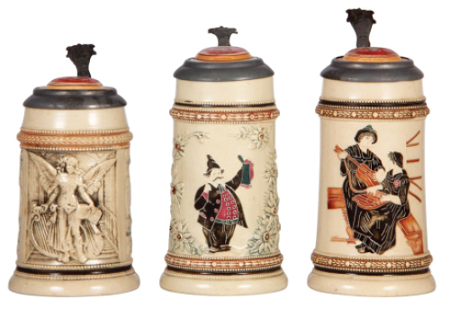 Three pottery steins, .5L, relief & threading, by Diesinger, all have inlaid lids, Keeley Brewing Co. Chicago inside lids, Brewery logo on outside, one chipped on handle, otherwise good condition.