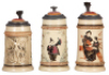 Three pottery steins, .5L, relief & threading, by Diesinger, all have inlaid lids, Keeley Brewing Co. Chicago inside lids, Brewery logo on outside, one chipped on handle, otherwise good condition.