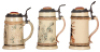 Three pottery steins, .5L, relief & threading, by Diesinger, all have inlaid lids, Keeley Brewing Co. Chicago inside lids, Brewery logo on outside, one chipped on handle, otherwise good condition. - 2