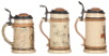 Three pottery steins, .5L, relief & threading, by Diesinger, all have inlaid lids, Keeley Brewing Co. Chicago inside lids, Brewery logo on outside, one chipped on handle, otherwise good condition. - 3
