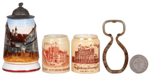 Five items, stein, 4.3'' ht., porcelain, transfer & hand-painted, Hofbr&auml;uhaus M&uuml;nchen, pewter lid is dented; with, mug, 2.4'' ht., Joliet Citizens Brewing Co., hairlines; with, mug, 2.4'' ht., Fred Sehring Brewing Co., Joliet, IL, hairline; with, bottle o