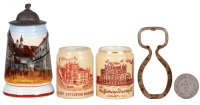Five items, stein, 4.3'' ht., porcelain, transfer & hand-painted, Hofbr&auml;uhaus M&uuml;nchen, pewter lid is dented; with, mug, 2.4'' ht., Joliet Citizens Brewing Co., hairlines; with, mug, 2.4'' ht., Fred Sehring Brewing Co., Joliet, IL, hairline; with, bottle o