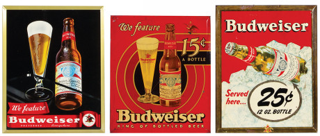Three Anheuser-Busch table top lithographs on metal, 11.9" x 14.9", and 11.5" x 13.6", We feature Budweiser, all in used condition, dents and scratches.