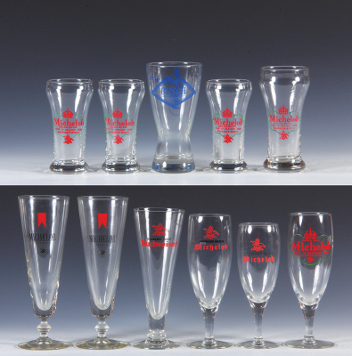 Eleven beer glasses, 5.2'' to 8.5'' ht., printed Michelob, Budweiser and Busch Bavarian Beer designs, excellent condition.