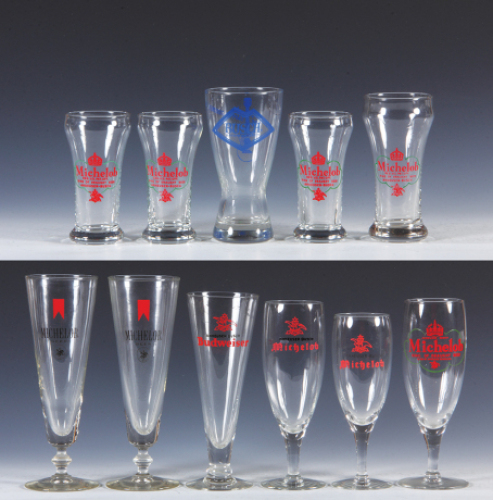 Eleven beer glasses, 5.2'' to 8.5'' ht., printed Michelob, Budweiser and Busch Bavarian Beer designs, excellent condition.