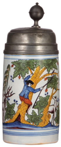 Faience stein, 11.2'' ht., late 1700s, Th&uuml;ringen Walzenkrug, pewter lid dated 1798, very good condition.