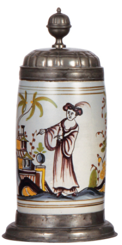 Faience stein, 9.8'' ht., late 1700s, Walzenkrug, pewter lid and footring, dated 1784, very good condition.