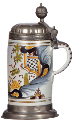 Faience stein, 9.8'' ht., late 1700s, Walzenkrug, pewter lid and footring, dated 1784, very good condition. - 2