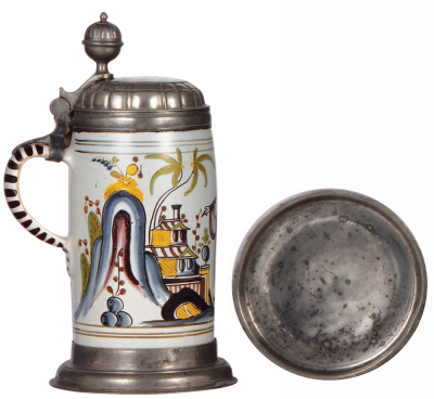 Faience stein, 9.8'' ht., late 1700s, Walzenkrug, pewter lid and footring, dated 1784, very good condition. - 3