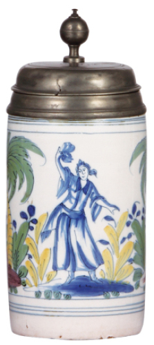 Faience stein, 9.8'' ht., mid 1700s, Th&uuml;ringen Walzenkrug, pewter lid dated 1754, pewter tear, body very good condition.